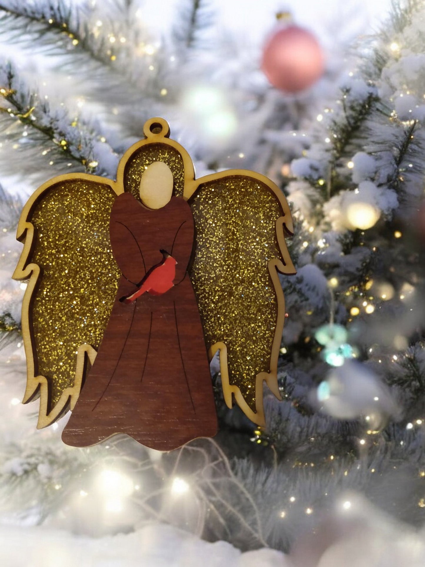 Wooden Angel Ornament with Acrylic Backer blue