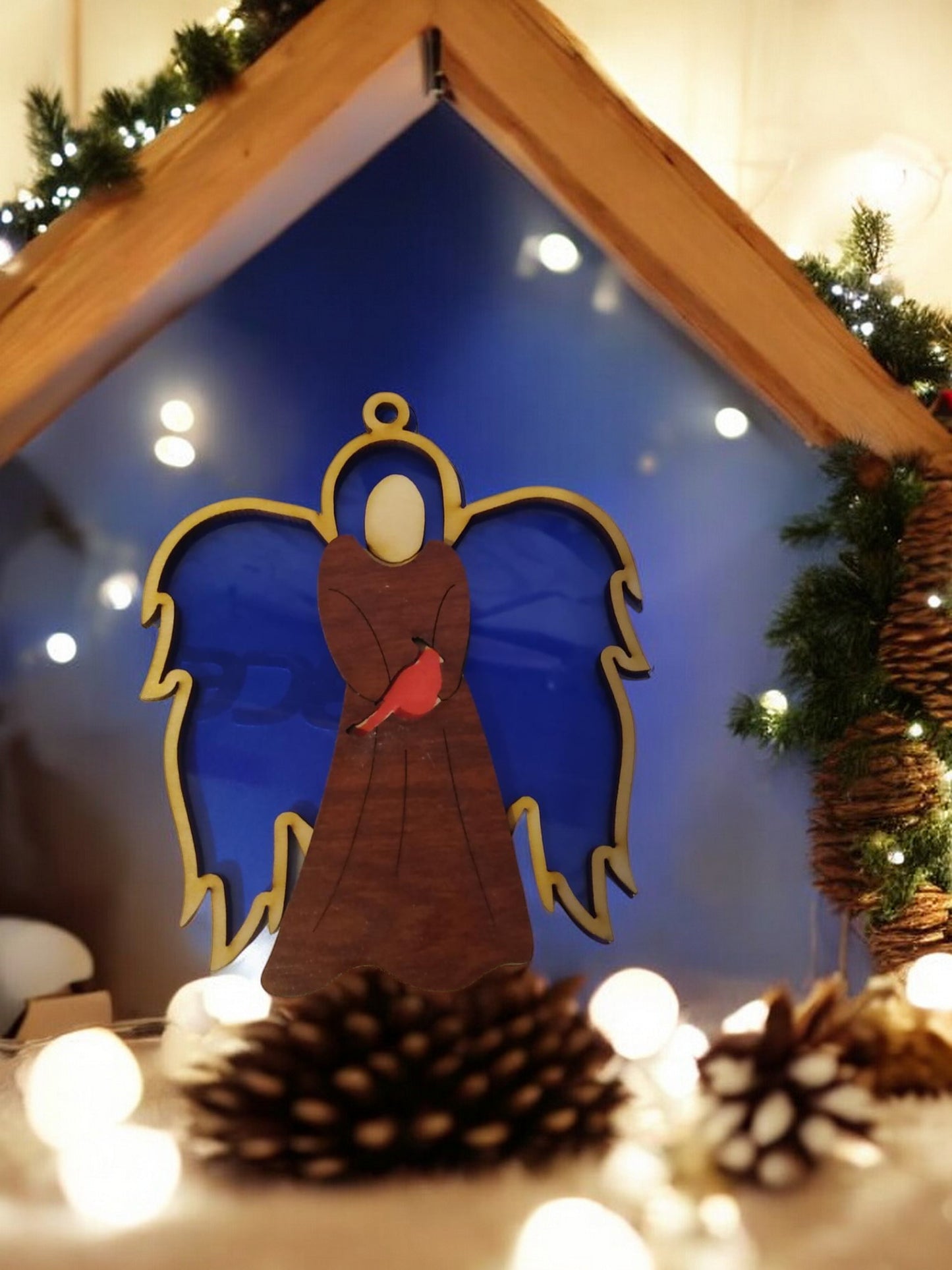 Wooden Angel Ornament with Acrylic Backer blue