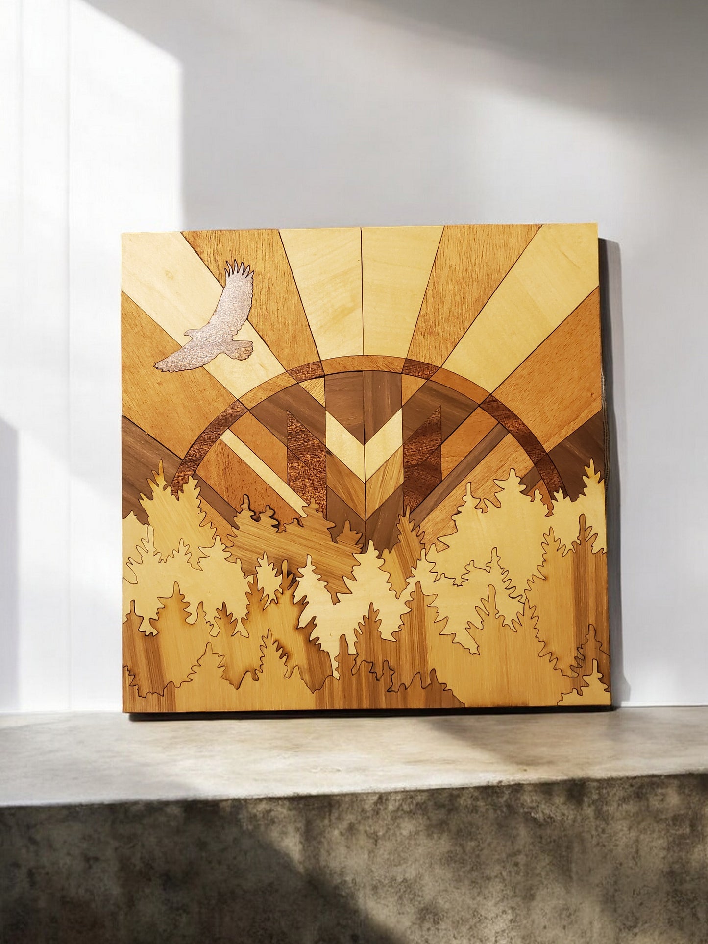 Exquisite Wooden Marquetry Eagle Sunrise Artwork – A Majestic Addition to Your Home Decor
