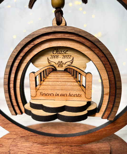 Pet Rainbow Bridge Memorial ornament on stand