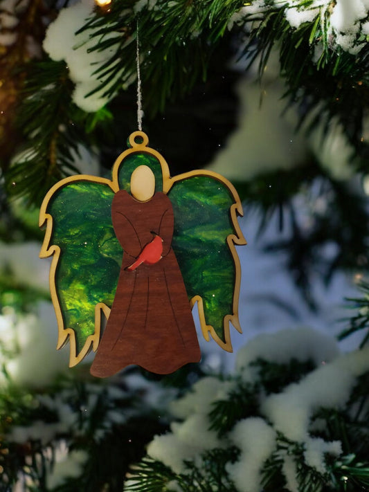 Wooden Angel Ornament with Acrylic Backer blue